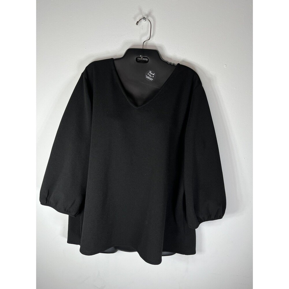 Chico's Blouse Womens Size 2XL 4 Black V Neck Bow Back 3/4 Balloon Sleeve Tunic